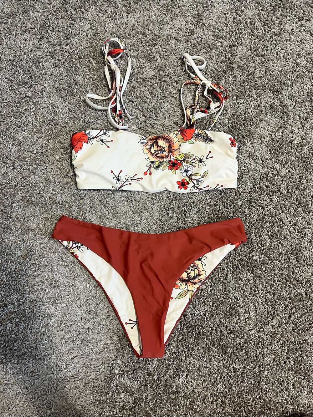 Zaful Floral Bandeau Bikini Set in Cream and Rust Red